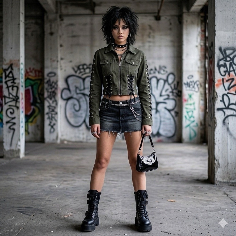 Denim Jacket M Olive Take Notes‎ Lace Up Stretch Grunge Edgy Festival Y2K